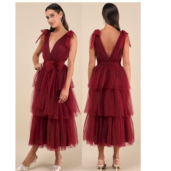 Lulus Flawless Arrival Burgundy Tulle Tie-Strap Tiered Maxi Dress Medium NEW NWT - Picture 3 of 7